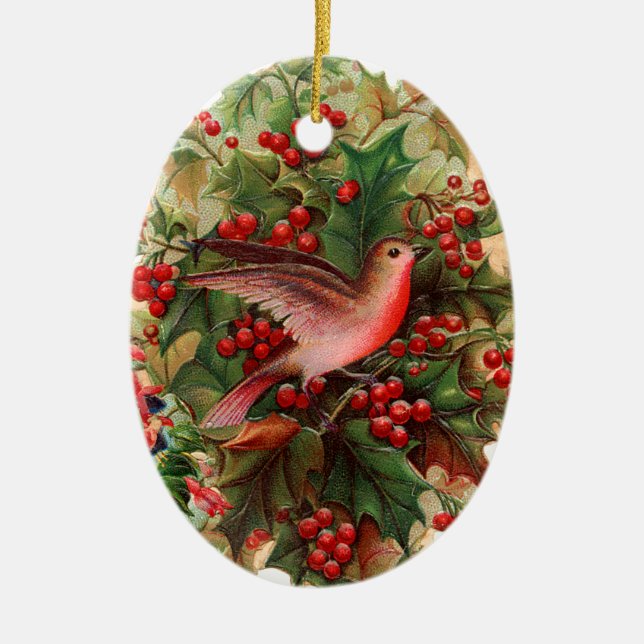 Old-fashioned Christmas, Robin, Holly Ceramic Tree Decoration (Front)