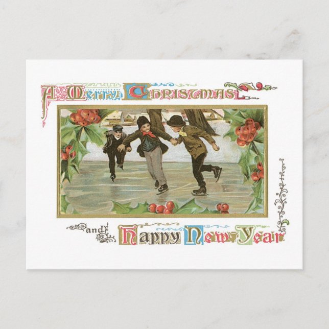 Old-fashioned Christmas, Skating rink Holiday Postcard (Front)