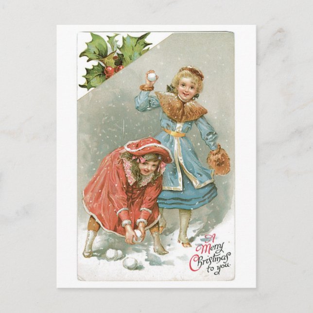 Old-fashioned Christmas, Snowball fight Holiday Postcard (Front)