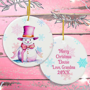 Old-Fashioned Christmas Snowman in Pink  Ceramic Tree Decoration