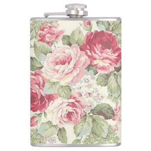 Old Fashioned Elegant Pink and Red Roses Hip Flask
