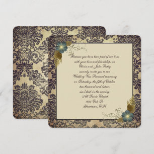 Old-fashioned floral bouquet on damask frame invitation