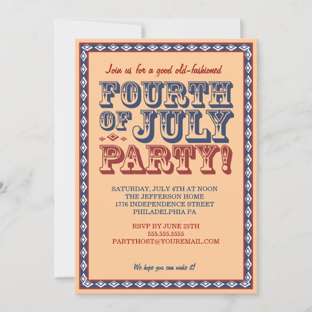 Old Fashioned Fourth of July Celebration Party Invitation (Front)