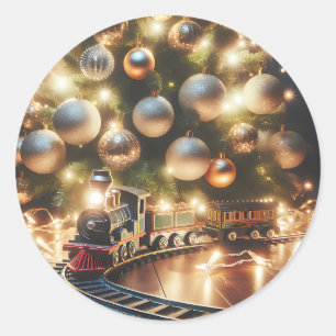 Old-Fashioned Gold Christmas Train under the Tree Classic Round Sticker
