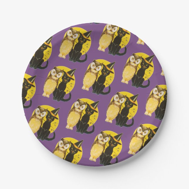 Old-fashioned Halloween, Black cat & Owl Paper Plate (Front)