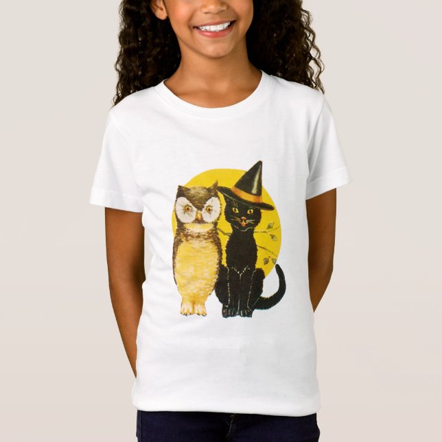 Old-fashioned Halloween, Black cat & Owl T-Shirt (Front)