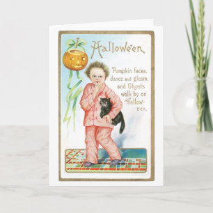 Old-fashioned Halloween, Boy holding Black cat Card