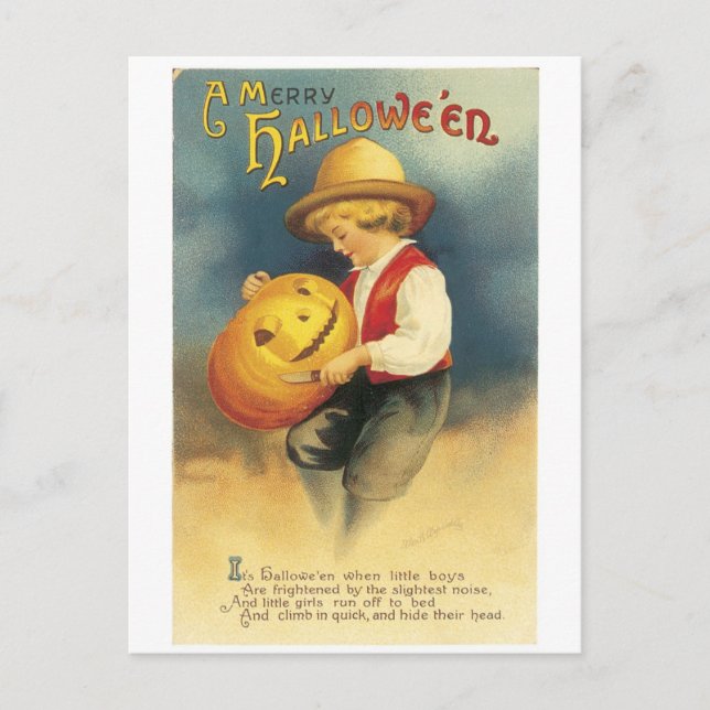 Old-fashioned Halloween, Boy makes Jack-o'-lantern Postcard (Front)