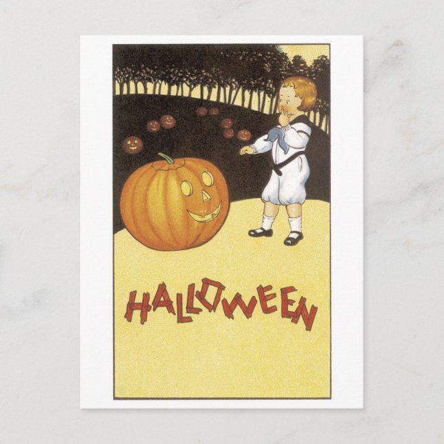 Old-fashioned Halloween, Boy meets Jack-o'-lantern Postcard (Front)
