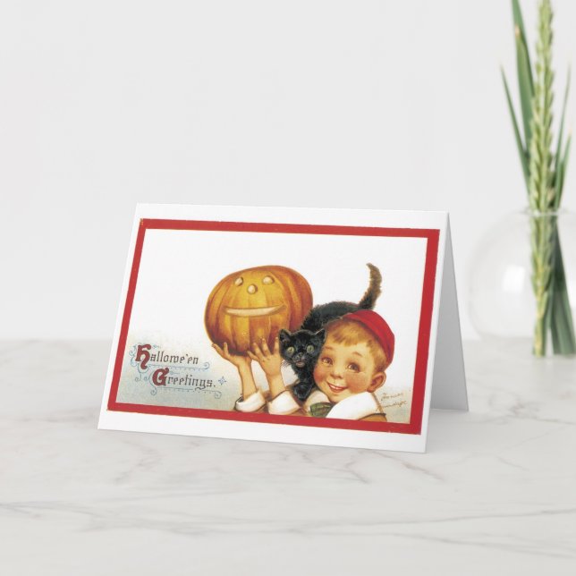 Old-fashioned Halloween, Boy with Black cat Card (Front)