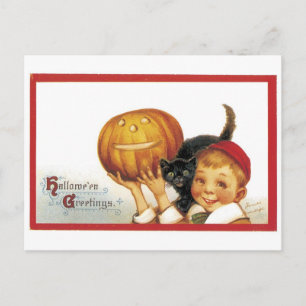 Old-fashioned Halloween, Boy with Black cat Postcard