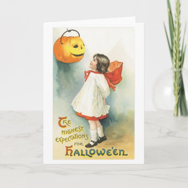 Old-fashioned Halloween, Girl & Jack-o'-lantern Card (Front)