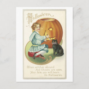 Old-fashioned Halloween, Girl with Black cat Postcard