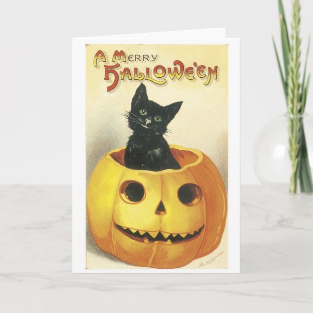 Old-fashioned Halloween Jack-o'-lantern, Black cat Card (Front)