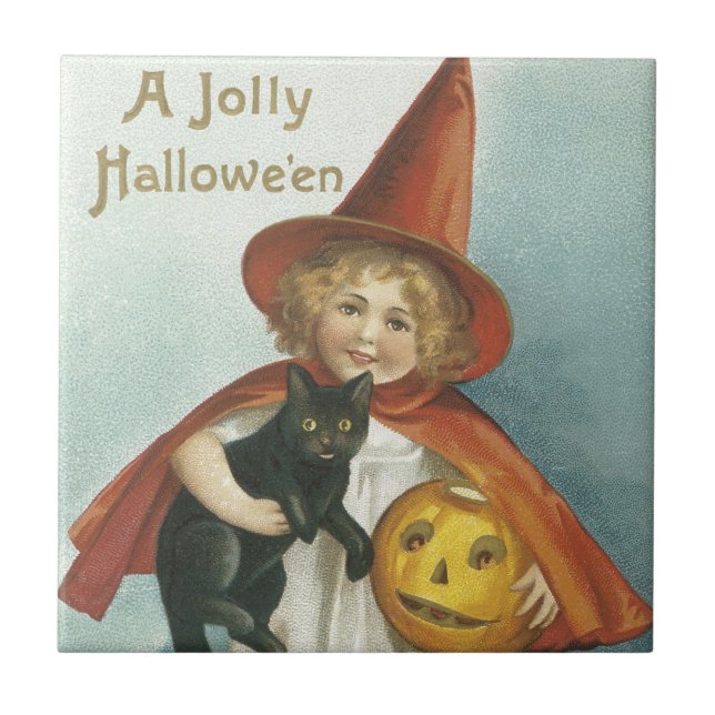 Old Fashioned Halloween Jolly Little Witch Tile (Front)