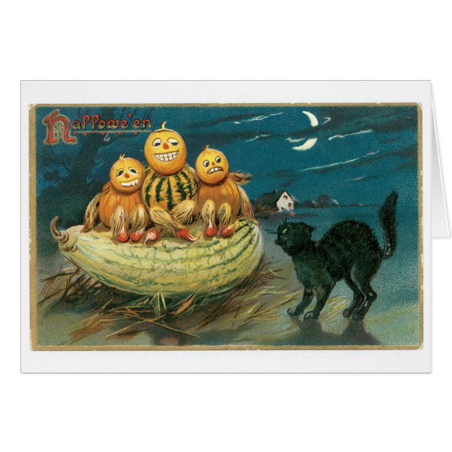 Old-fashioned Halloween, Pumpkins & Black cat (Front Horizontal)