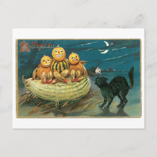 Old-fashioned Halloween, Pumpkins & Black cat Postcard (Front)