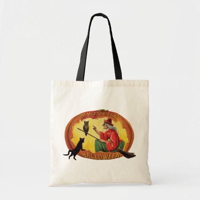 Old-fashioned Halloween, Witch, Black cat & Owl Tote Bag (Front)