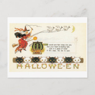 Old-fashioned Halloween, Witch & Cats Postcard