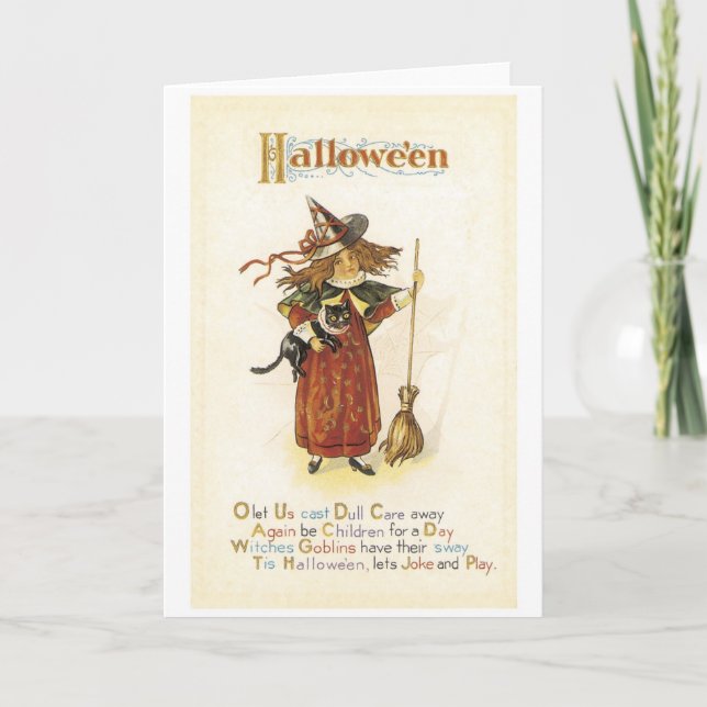 Old-fashioned Halloween, Witch girl with Black cat Card (Front)