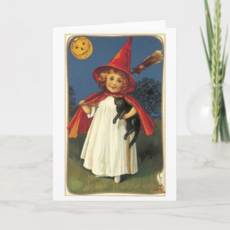 Old-fashioned Halloween, Witch girl with Black cat Card