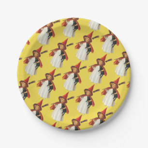 Old-fashioned Halloween, Witch girl with Black cat Paper Plate
