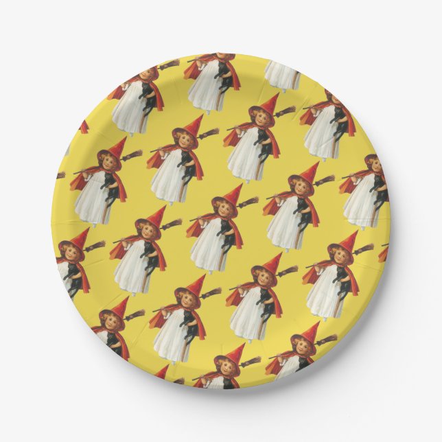 Old-fashioned Halloween, Witch girl with Black cat Paper Plate (Front)