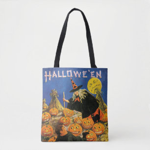 Old-fashioned Halloween, Witch & Pumpkins Tote Bag