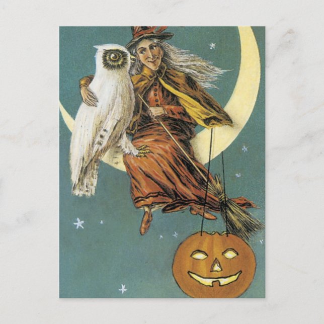 Old Fashioned Halloween Witch & The Moon Postcard (Front)