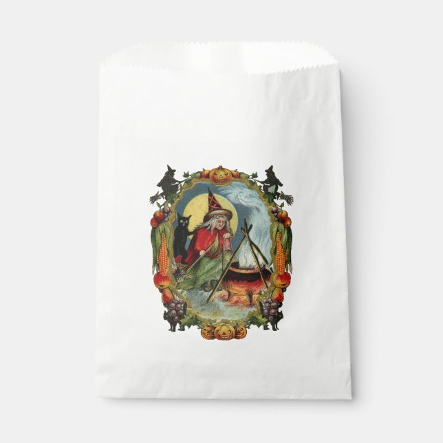 Old-fashioned Halloween, Witch with Black cat Favour Bags (Front)