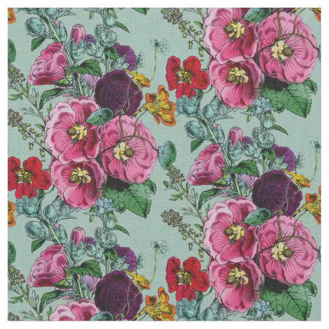 Old Fashioned Hollyhock Summer Bouquet Fabric (Close Up)