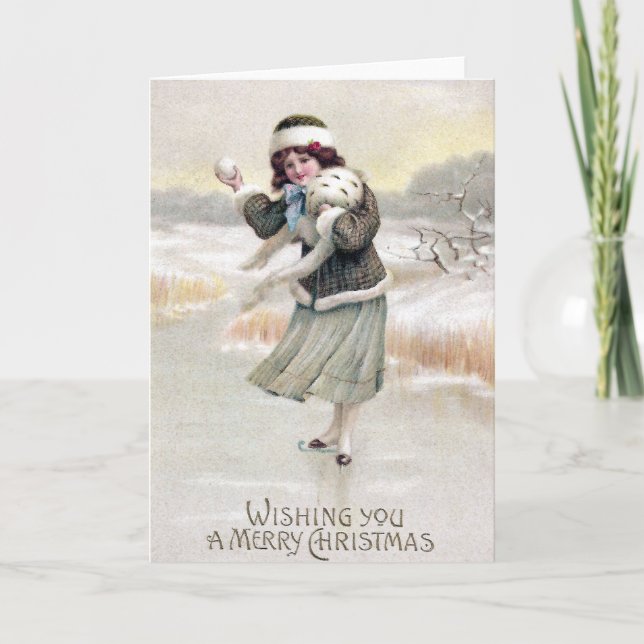 Old Fashioned Ice Skater Vintage Christmas Holiday Card (Front)