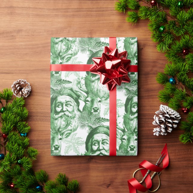 Old Fashioned Lithograph Santa And Reindeer Green Wrapping Paper (Holiday Gift)