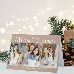 Old Fashioned Merry Christmas Photo Collage Tan Holiday Card