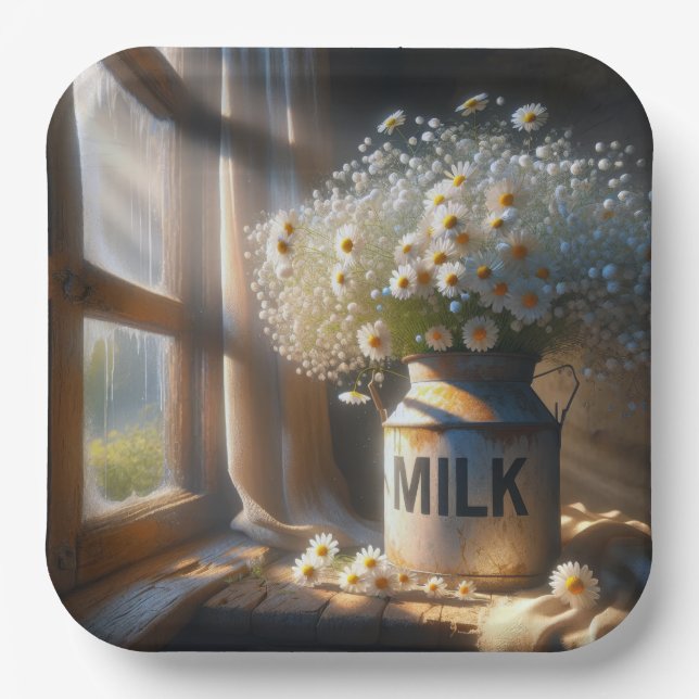 Old-fashioned Milk Can With Daisy Bouquet Paper Plate (Front)