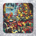 Old-Fashioned Nostalgic Christmas Morning Square Sticker<br><div class="desc">Pretty digital ai art illustration of a vintage Christmas tree,  old-fashioned tricycle,  icicles in the window looking out a snowy night. Pretty Christmas stickers to bring up those nostalgic feelings of Christmas Eve.</div>