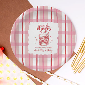 Old Fashioned Pink Cherry on Top Birthday Party Paper Plate