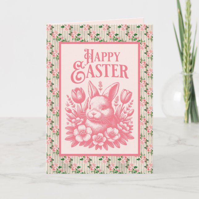 Old Fashioned Pink Easter Bunny  Holiday Card (Front)