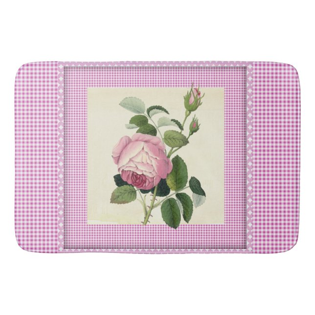 Old Fashioned Pink Rose Linen Gingham Decorative Bath Mat (Front)