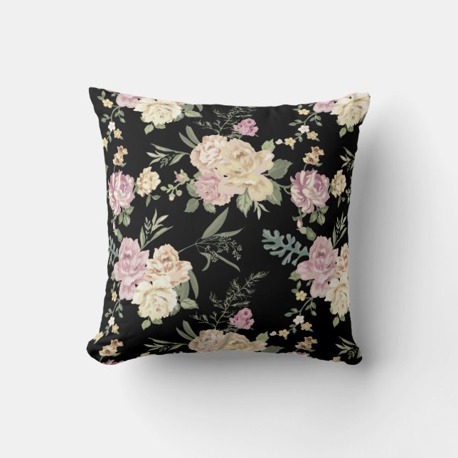 Old Fashioned Pink Roses Chintz Pattern on Black Cushion (Front)