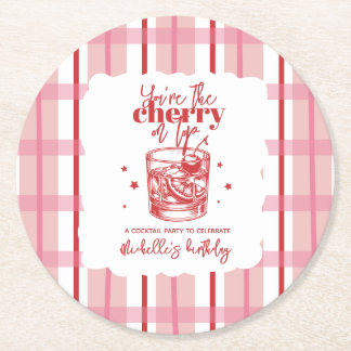 Old Fashioned Red Cherry on Top Birthday Party Round Paper Coaster