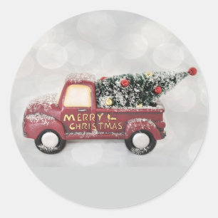Old Fashioned Red Truck With Christmas Tree Classic Round Sticker