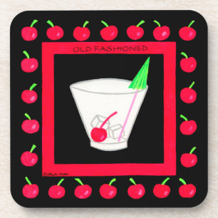 Old Fashioned Retro Drink Red Cherries on Black Coaster