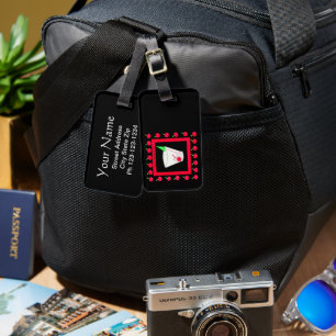 Old Fashioned Retro Drink Red Cherries on Black Luggage Tag