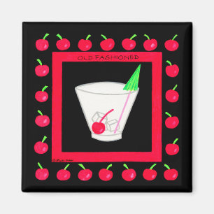 Old Fashioned Retro Drink Red Cherries on Black Magnet