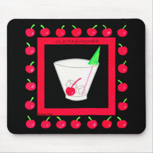 Old Fashioned Retro Drink Red Cherries on Black Mouse Pad