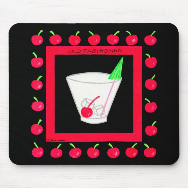 Old Fashioned Retro Drink Red Cherries on Black Mouse Pad (Front)