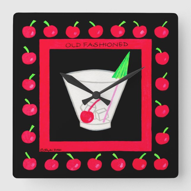 Old Fashioned Retro Drink Red Cherries on Black Square Wall Clock (Front)