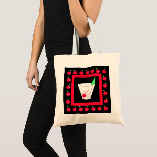 Old Fashioned Retro Drink Red Cherries on Black Tote Bag (Front (Product))