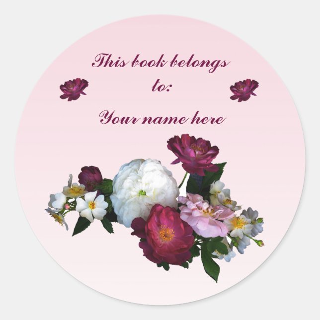 Old-Fashioned Roses Bookplate Classic Round Sticker (Front)